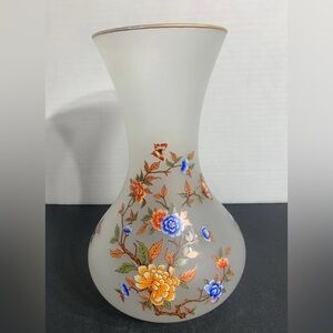 Vintage Floral Frosted Glass Vase with butterflies and flowers made in Italy